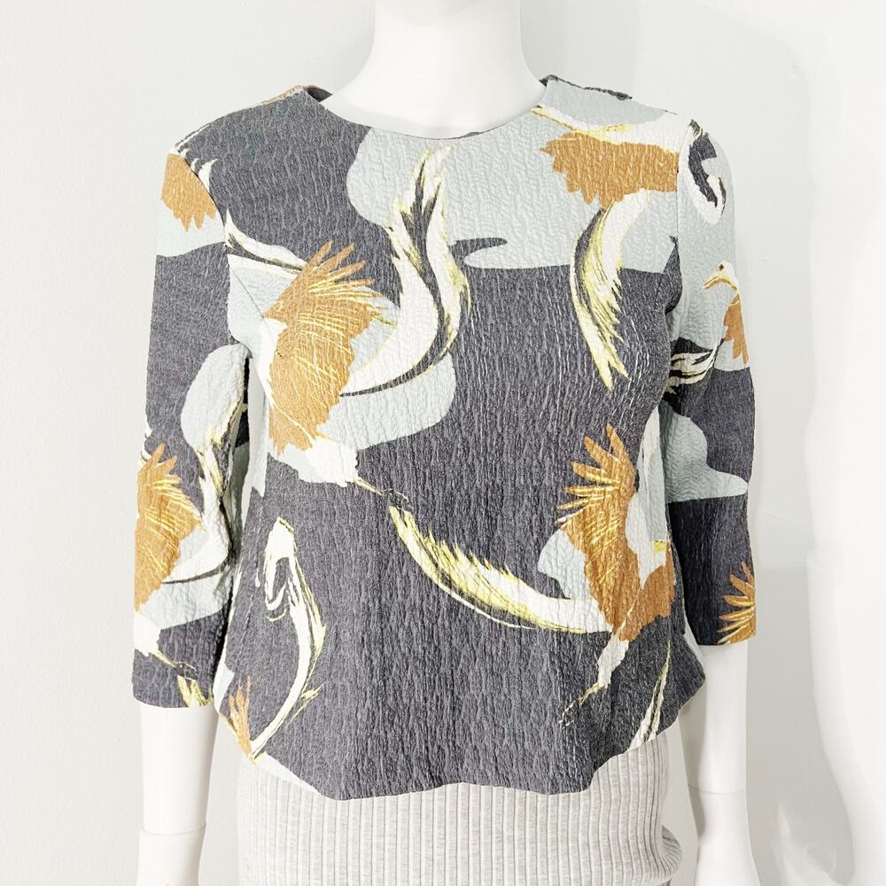 HM H&M Gray Crane Print 3/4 Sleeve Business Casual Top Blouse, US 4